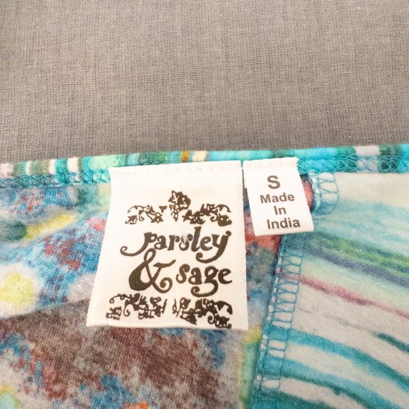 Parsley & Sage Size Small Top Blue Yellow Vibrant Abstract Print Artsy V Neck - Picture 8 of 11